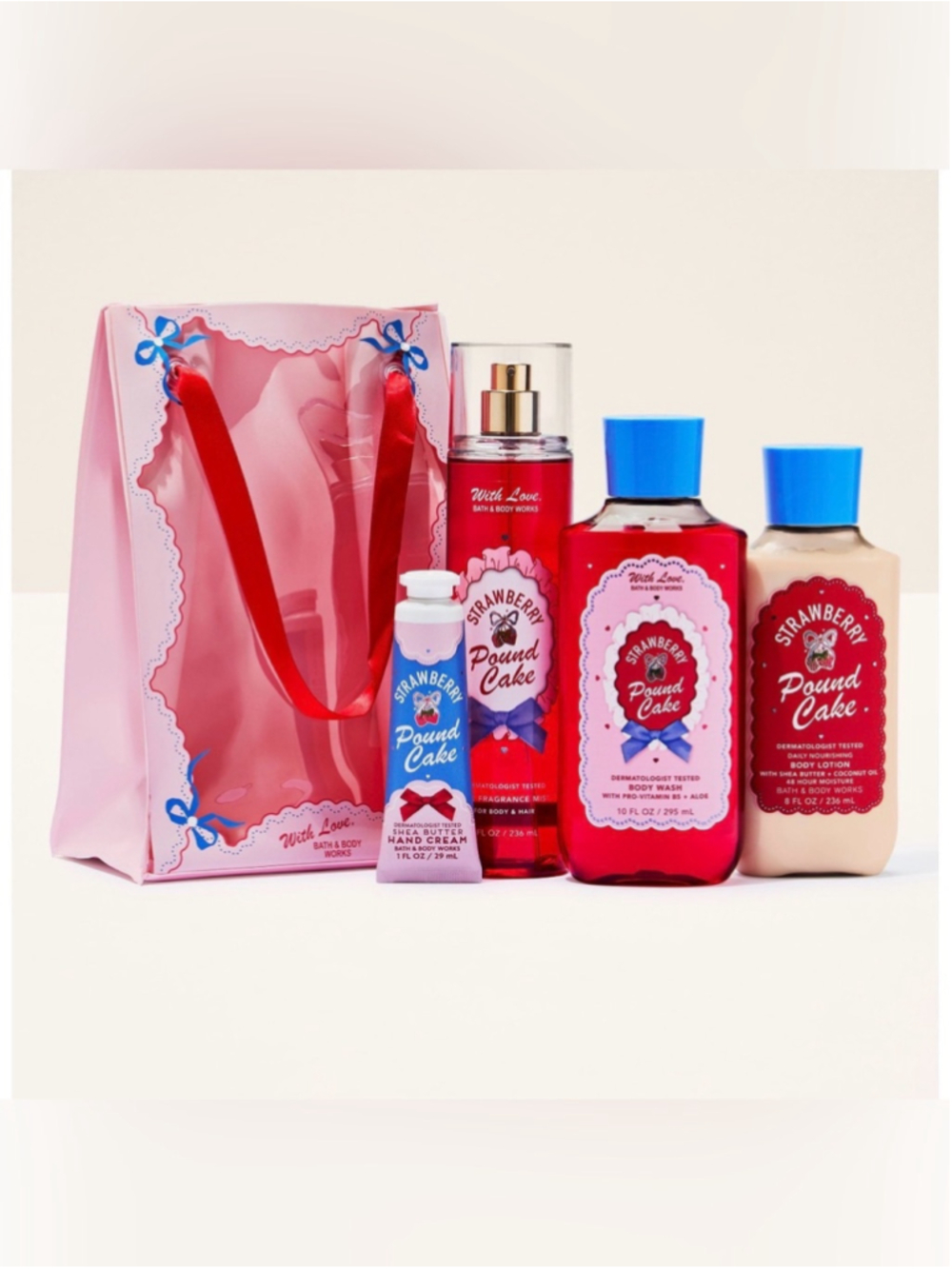 Bath & Body Works Strawberry Pound Cake 4 Pc Gift Set Mist Wash Lotion Cream NWT